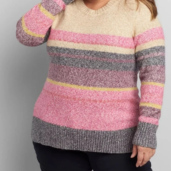 LANE BRYANT Striped Crew Neck Sweater - Tan and Pink Plus Size 22/24 - Picture 3 of 8